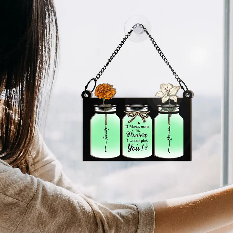 Gift For Bestie - Birth Flower Grow An Old Friend - Personalized Window Hanging Suncatcher Ornament