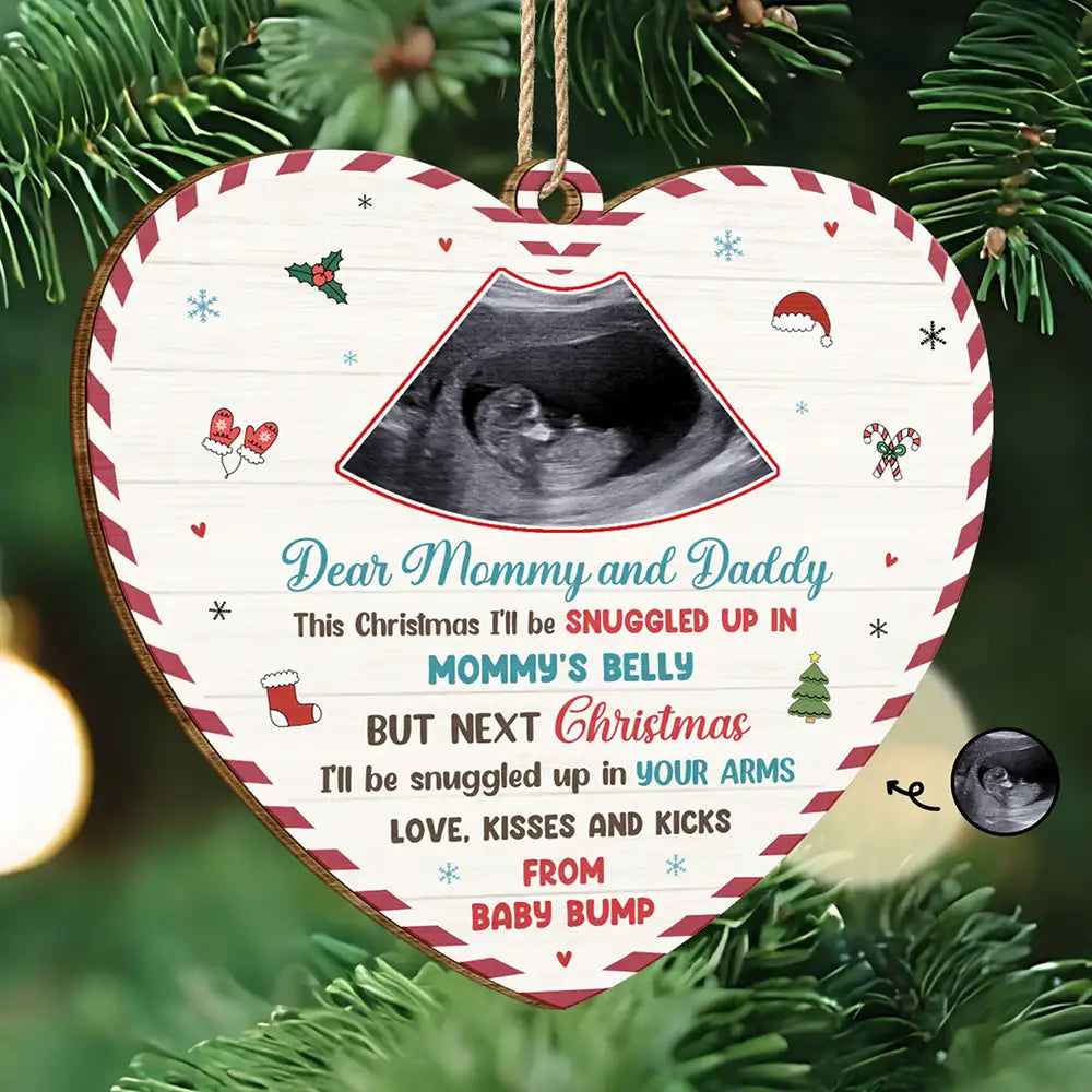 Custom Photo Snuggle Up In Mommy's Belly Christmas - Personalized Custom Shaped Wooden Ornament