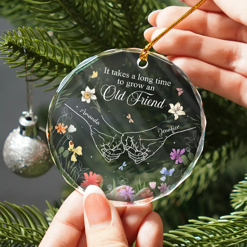 Gift For Bestie - Birth Flower Hands Grow An Old Friend - Personalized Circle Glass Ornament