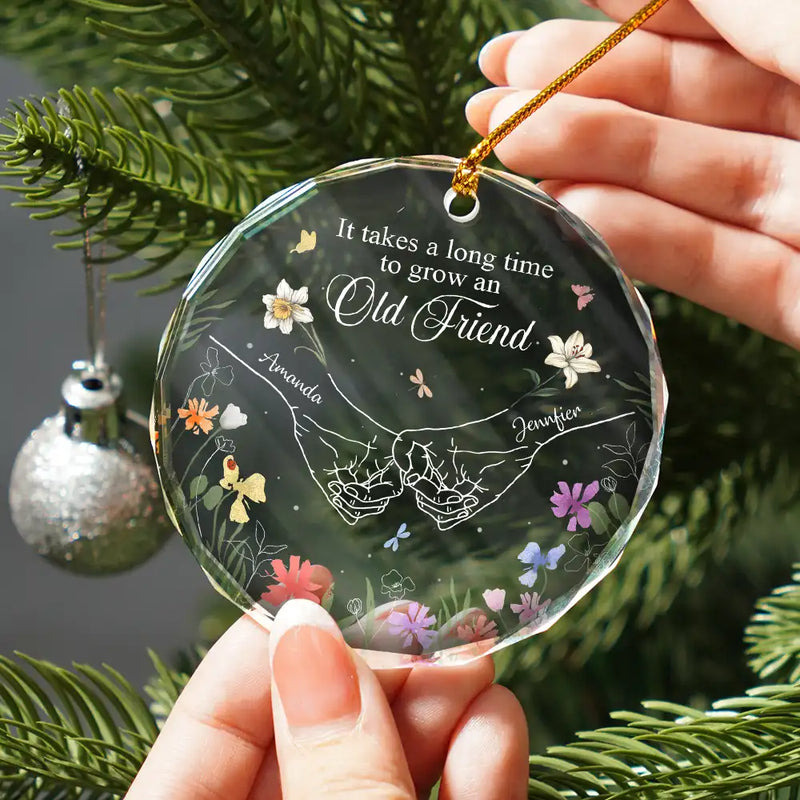 Gift For Bestie - Birth Flower Hands Grow An Old Friend - Personalized Circle Glass Ornament