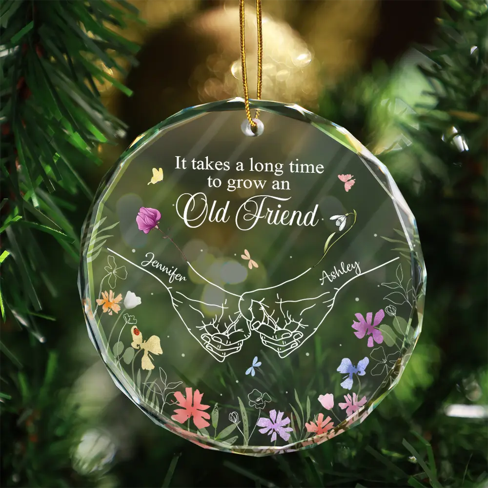 Gift For Bestie - Birth Flower Hands Grow An Old Friend - Personalized Circle Glass Ornament