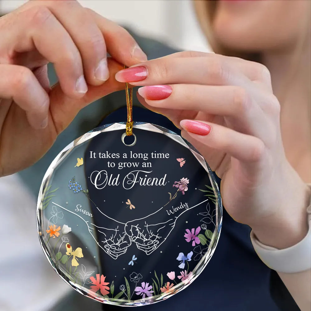 Gift For Bestie - Birth Flower Hands Grow An Old Friend - Personalized Circle Glass Ornament