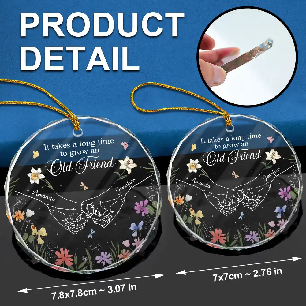 Gift For Bestie - Birth Flower Hands Grow An Old Friend - Personalized Circle Glass Ornament