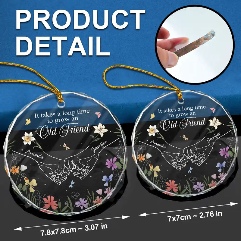 Gift For Bestie - Birth Flower Hands Grow An Old Friend - Personalized Circle Glass Ornament