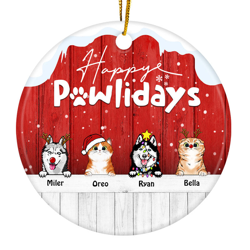 Joyeux Pawlidays - Cadeau de Noël pour les amoureux des chiens et des chats - Ornement en céramique rond personnalisé