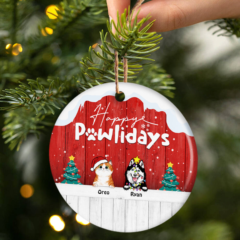 Joyeux Pawlidays - Cadeau de Noël pour les amoureux des chiens et des chats - Ornement en céramique rond personnalisé