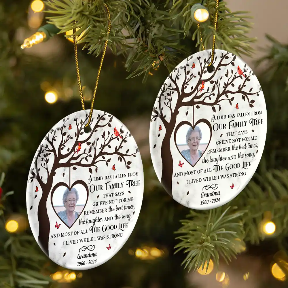 Continue Shopping,Christmas,Memorial,Custom Photo,Sad - Custom Photo Memorial A Limb Has Fallen From Our Family Tree - Personalized Circle Ceramic Ornament
