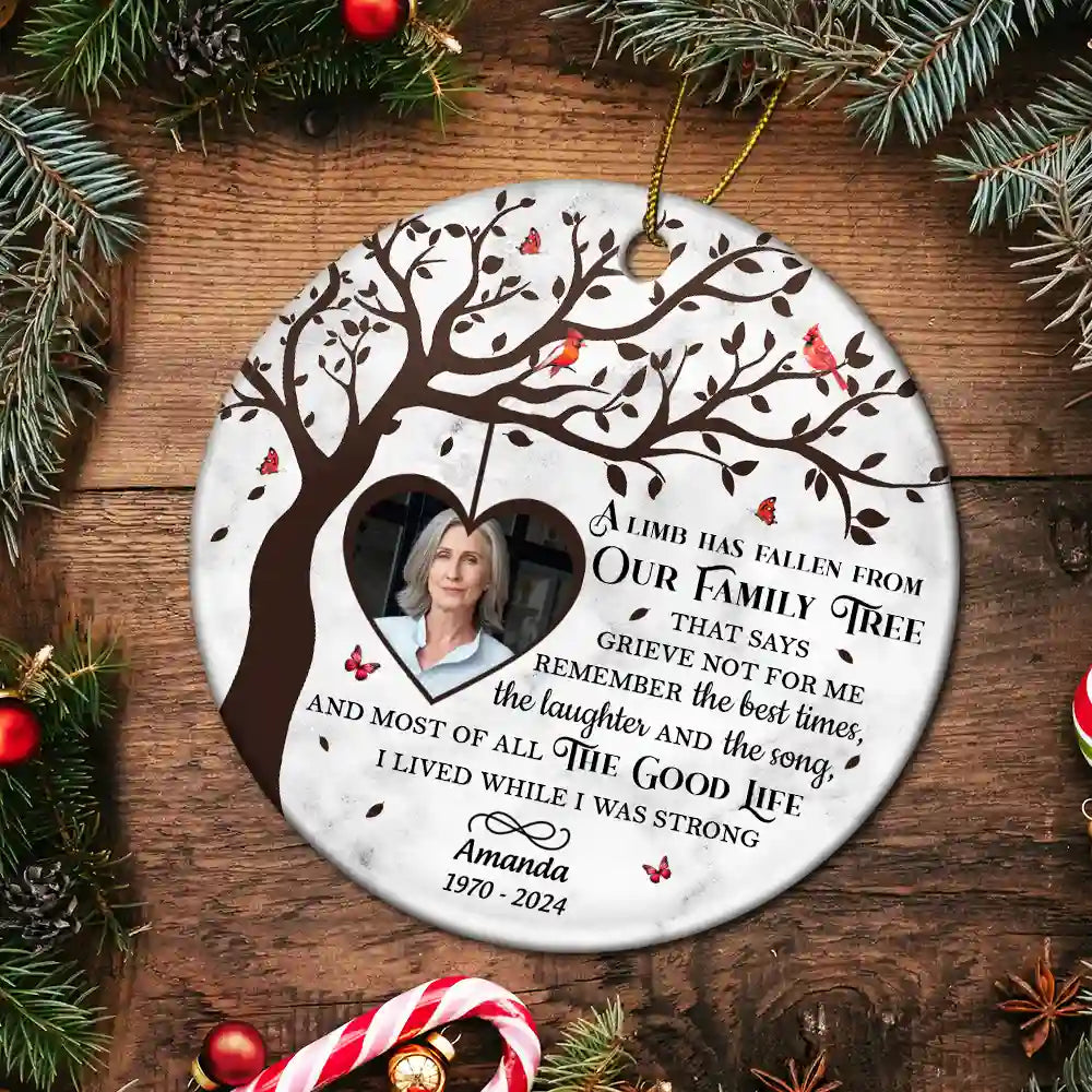 Continue Shopping,Christmas,Memorial,Custom Photo,Sad - Custom Photo Memorial A Limb Has Fallen From Our Family Tree - Personalized Circle Ceramic Ornament