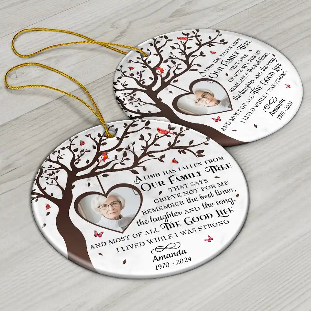 Continue Shopping,Christmas,Memorial,Custom Photo,Sad - Custom Photo Memorial A Limb Has Fallen From Our Family Tree - Personalized Circle Ceramic Ornament
