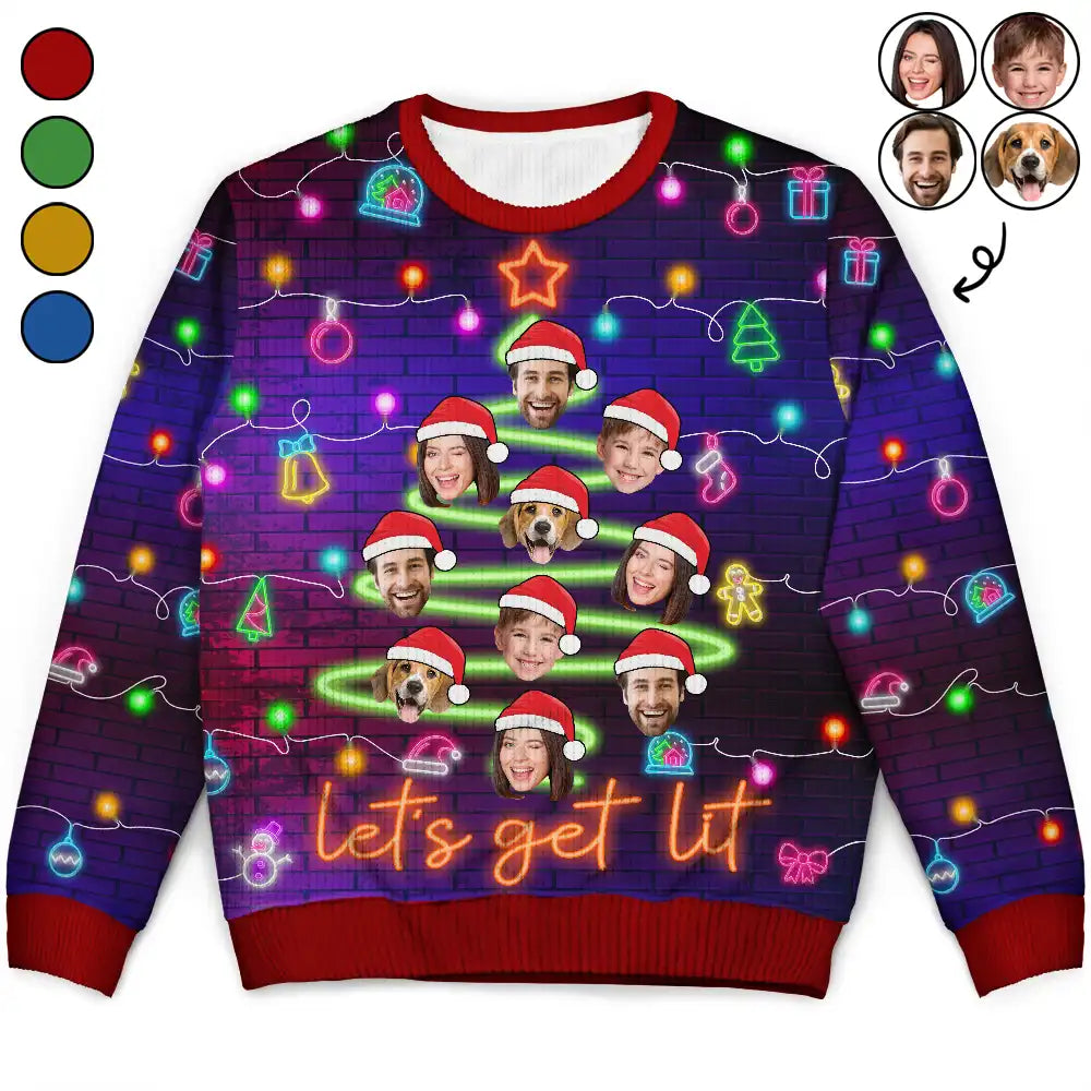 Family - Custom Photo Funny Family Face Let's Get Lit Neon Christmas Light Style - Personalized Unisex Ugly Sweater