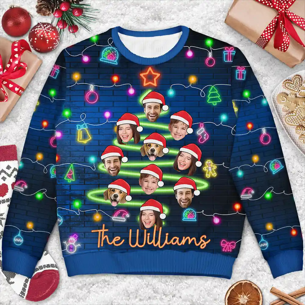 Family - Custom Photo Funny Family Face Let's Get Lit Neon Christmas Light Style - Personalized Unisex Ugly Sweater