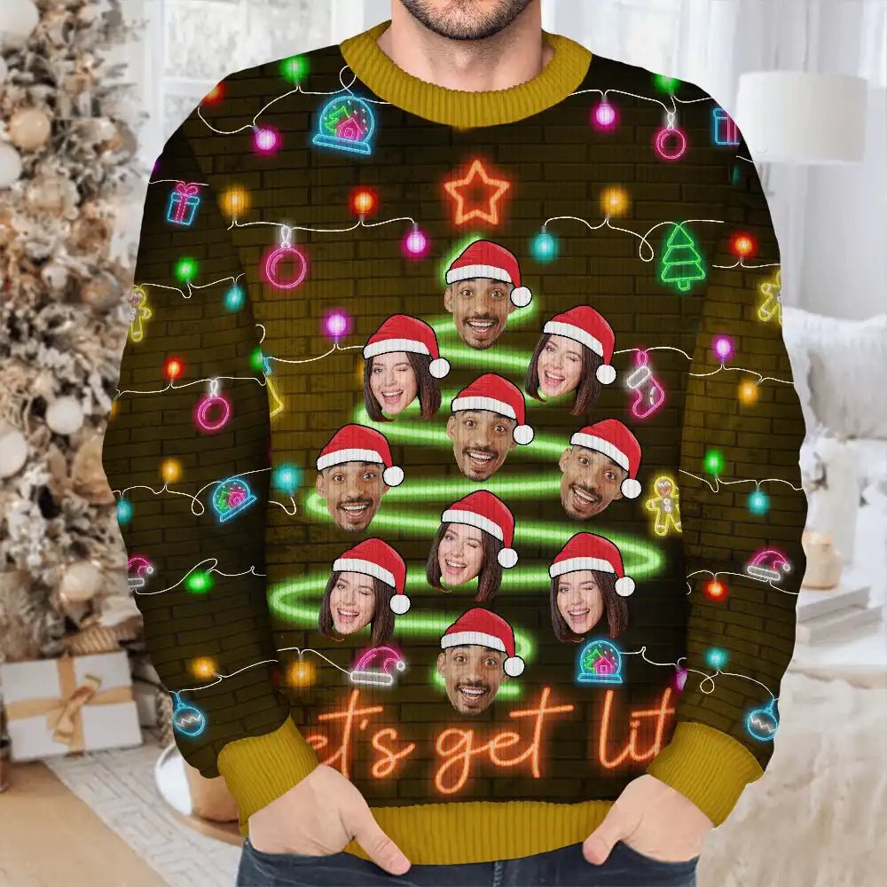 Family - Custom Photo Funny Family Face Let's Get Lit Neon Christmas Light Style - Personalized Unisex Ugly Sweater