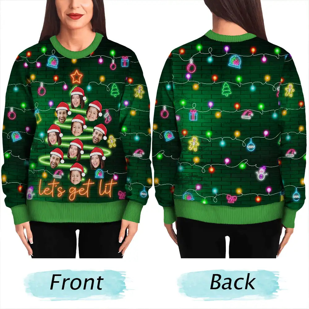 Family - Custom Photo Funny Family Face Let's Get Lit Neon Christmas Light Style - Personalized Unisex Ugly Sweater