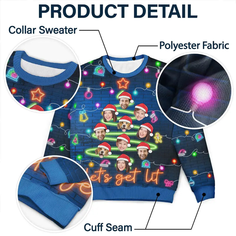 Family - Custom Photo Funny Family Face Let's Get Lit Neon Christmas Light Style - Personalized Unisex Ugly Sweater