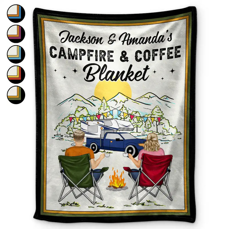 Gift For Couples, Gift For Husband, Gift For Wife, Gift For Boyfriend, Gift For Girlfriend - Campfire & Coffee Blanket Camping - Personalized Fleece Blanket, Sherpa Blanket