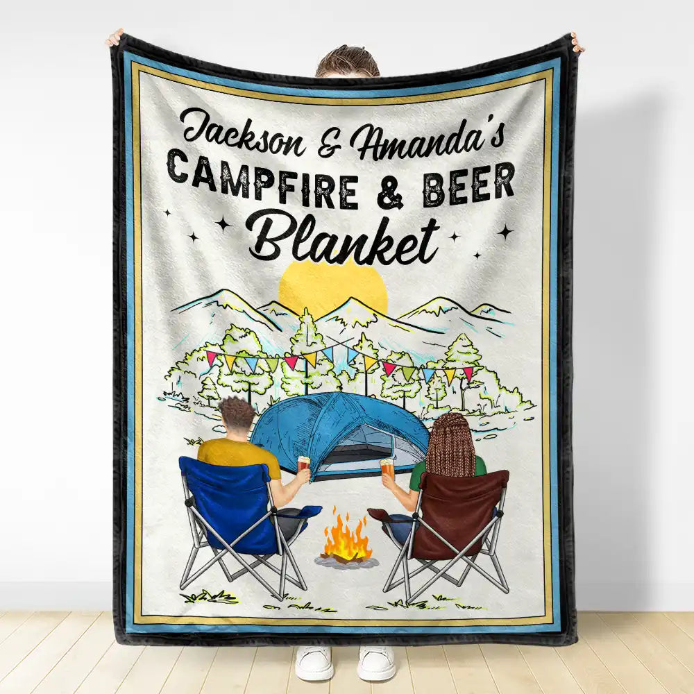 Gift For Couples, Gift For Husband, Gift For Wife, Gift For Boyfriend, Gift For Girlfriend - Campfire & Coffee Blanket Camping - Personalized Fleece Blanket, Sherpa Blanket