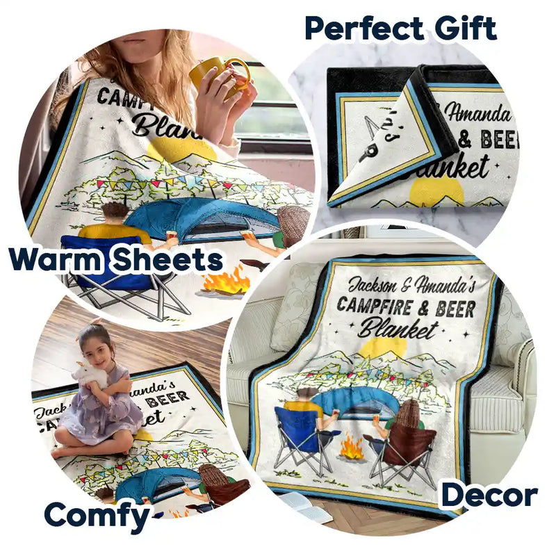 Gift For Couples, Gift For Husband, Gift For Wife, Gift For Boyfriend, Gift For Girlfriend - Campfire & Coffee Blanket Camping - Personalized Fleece Blanket, Sherpa Blanket