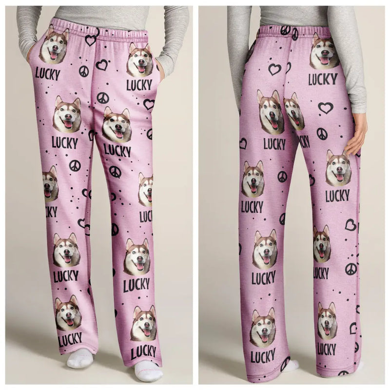 Pet Lovers, Dog Lovers, Cat Lovers - Custom Photo Peace Love Pet Face - Personalized Pajama Pants