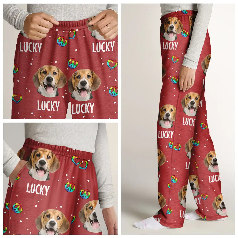 Pet Lovers, Dog Lovers, Cat Lovers - Custom Photo Peace Love Pet Face - Personalized Pajama Pants