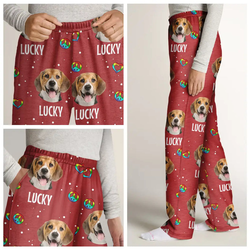 Pet Lovers, Dog Lovers, Cat Lovers - Custom Photo Peace Love Pet Face - Personalized Pajama Pants