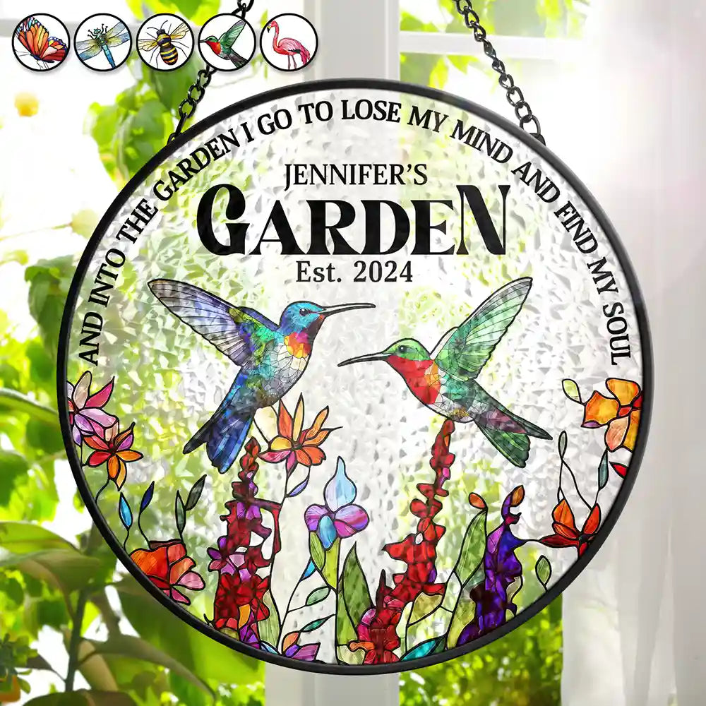 And Into The Garden I Go Hummingbird - Personalized Stained Glass Window Hanging Suncatcher