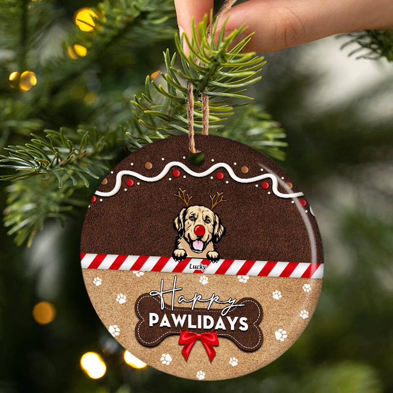 Joyeux Pawlidays pour les amoureux des chiens et des chats ! Cadeau de Noël pour les amoureux des animaux ! Ornement en céramique rond personnalisé.