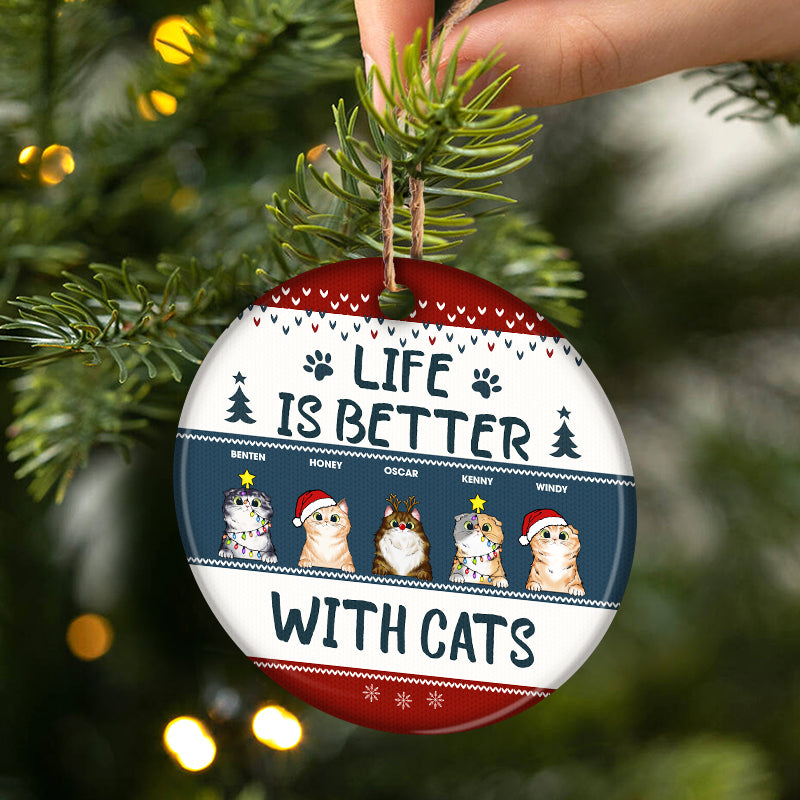 Meowy Christmas - Gift For Cat Lovers - Personalized Custom Circle Ceramic Ornament