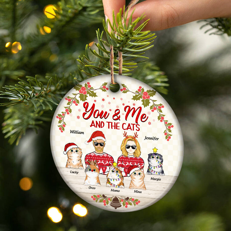 Christmas Couple And The Cats - Gift For Cat Lovers - Personalized Custom Circle Ceramic Ornament