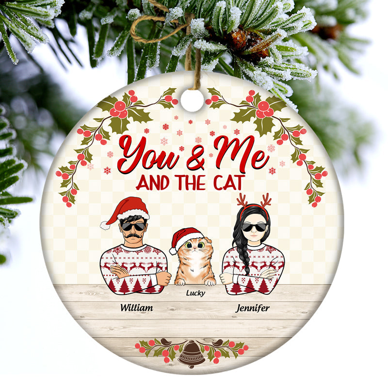 Christmas Couple And The Cats - Gift For Cat Lovers - Personalized Custom Circle Ceramic Ornament