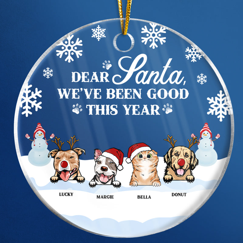 Cher Père Noël, nous avons été sages cette année ! Cadeau de Noël pour les amoureux des chiens et des chats ! Ornement en acrylique personnalisé en forme de cercle.