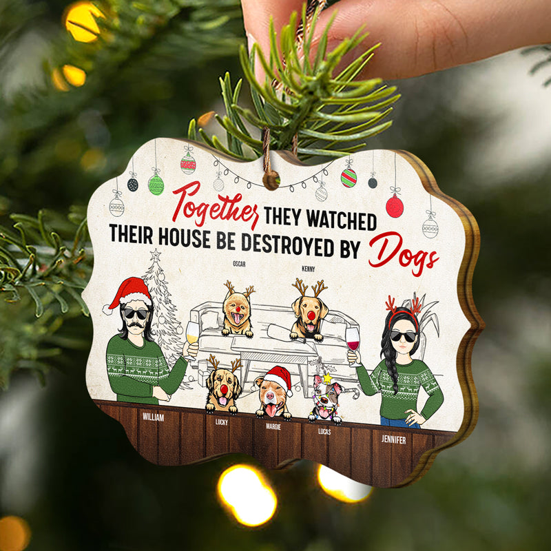 Family Together Their House Be Destroyed By Pets Dog Cat - Christmas Gift For Couple - Personalized Custom Wooden Ornament