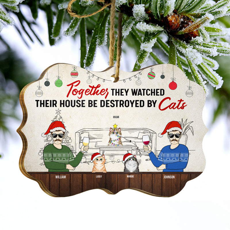 Family Together Their House Be Destroyed By Pets Dog Cat - Christmas Gift For Couple - Personalized Custom Wooden Ornament