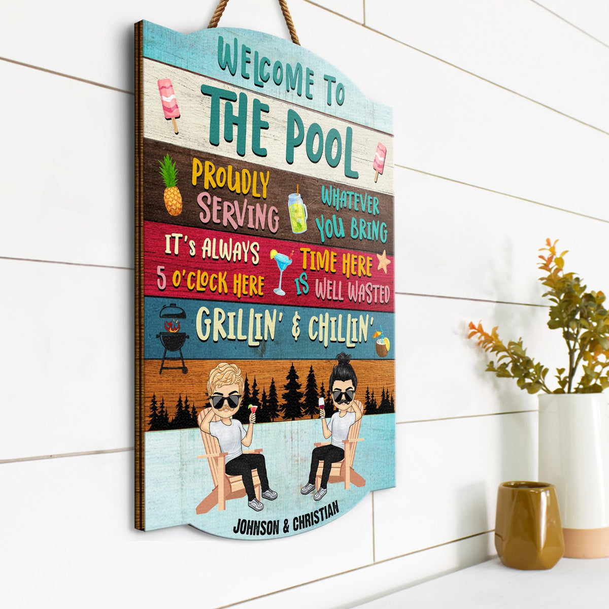 Proudly Serving Time Here Is Well Wasted - Lake House, Pool House Decor - Personalized Custom Shaped Wood Sign
