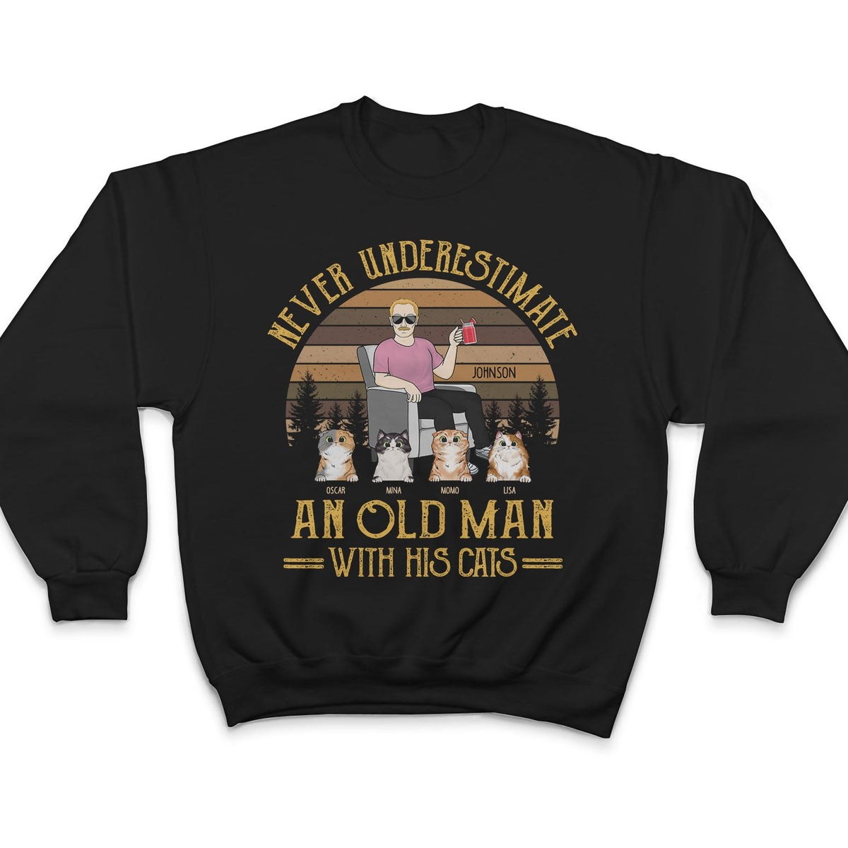 Ne sous-estimez jamais un vieil homme ! Cadeau pour papa chat, amoureux des chats ! T-shirt personnalisé