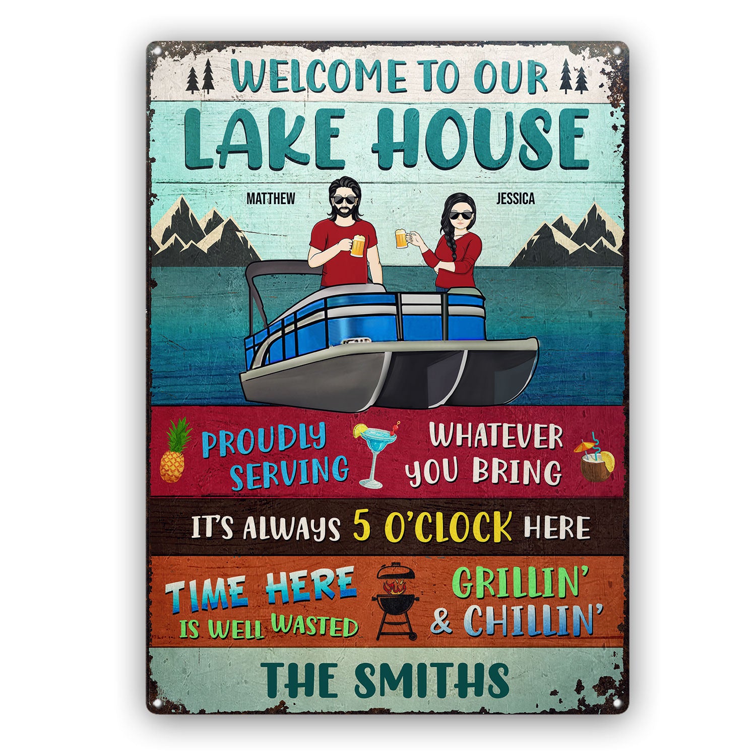 Welcome To Our Lake House Pontoon Time Here Is Well Wasted - Gift For Pontoon Owners - Personalized Custom Classic Metal Signs