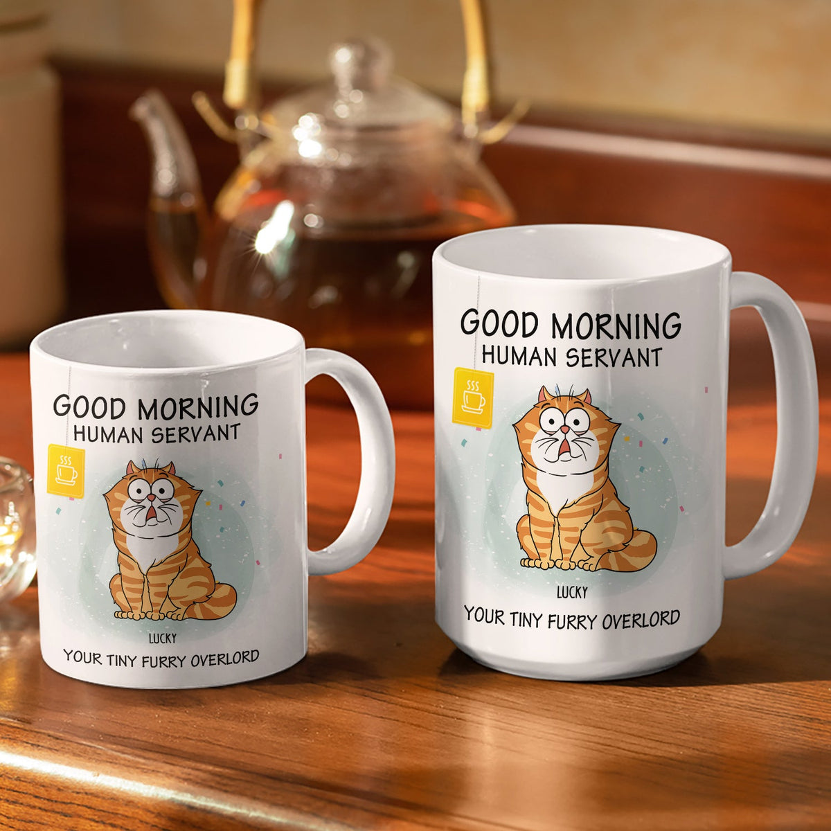 Good Morning Human Servant Tiny Furry Overlords - Gift For Cat Lovers - Personalized White Edge To Edge Mug