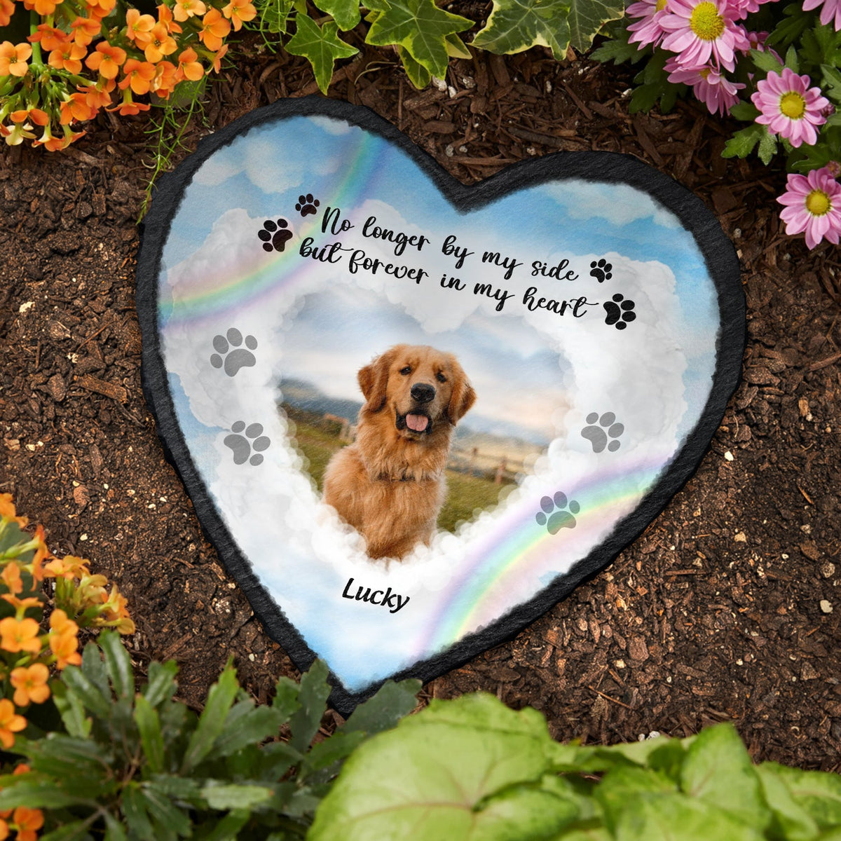 Custom Photo No Longer By My Side Forever In Our Heart - Dog Cat Pet Memorial Gift - Personalized Heart Memorial Garden Stone