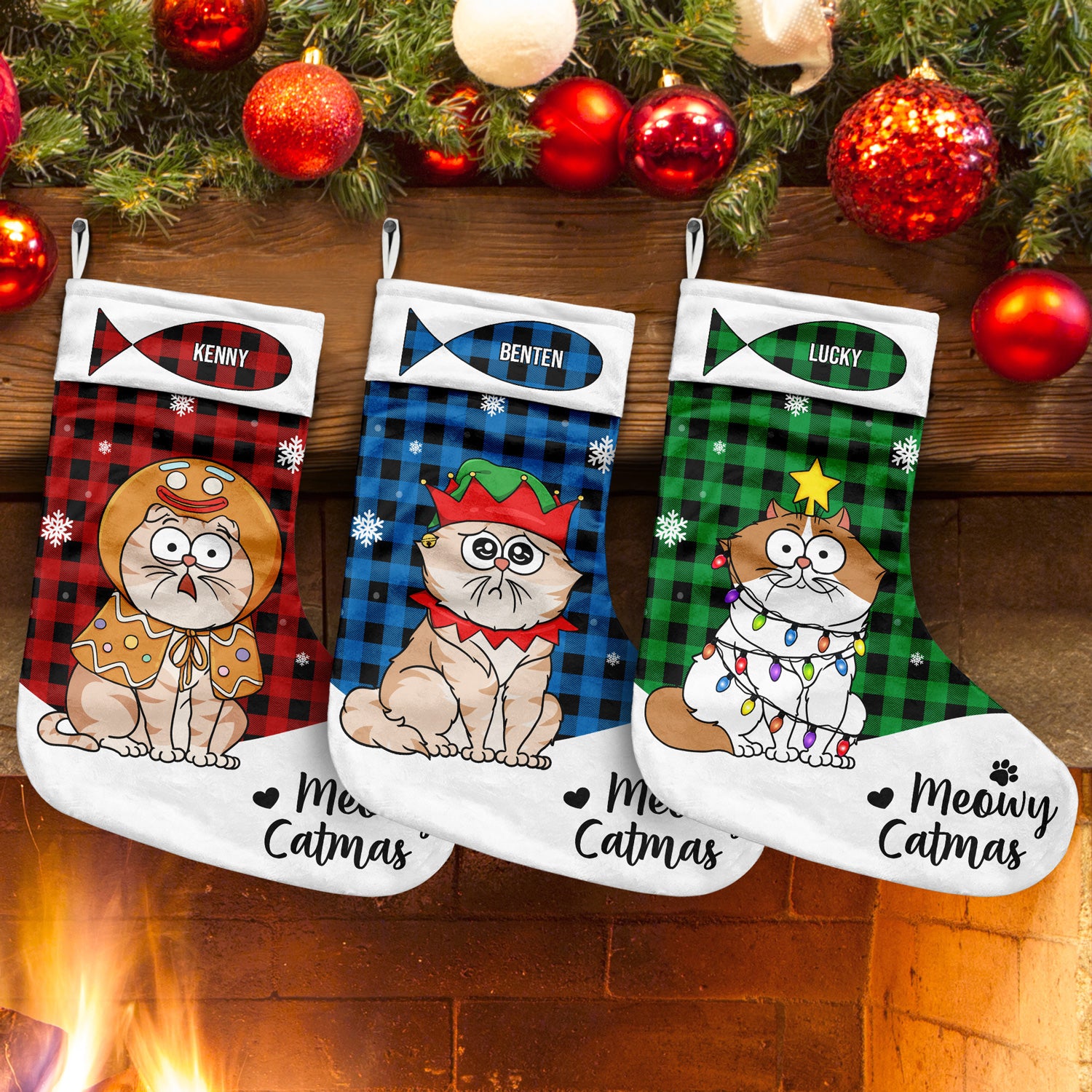 Meowy Catmas Funny Cartoon Cats - Christmas Gift For Cat Lovers - Personalized Christmas Stocking