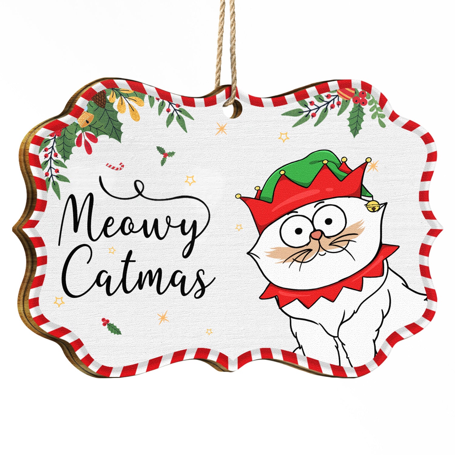 Funny Cartoon Cats Meowy Catmas - Christmas Gift For Cat Lovers - Personalized Medallion Wooden Ornament