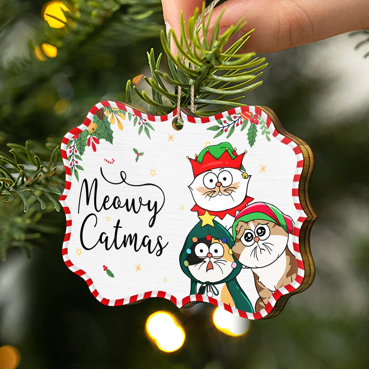 Funny Cartoon Cats Meowy Catmas - Christmas Gift For Cat Lovers - Personalized Medallion Wooden Ornament