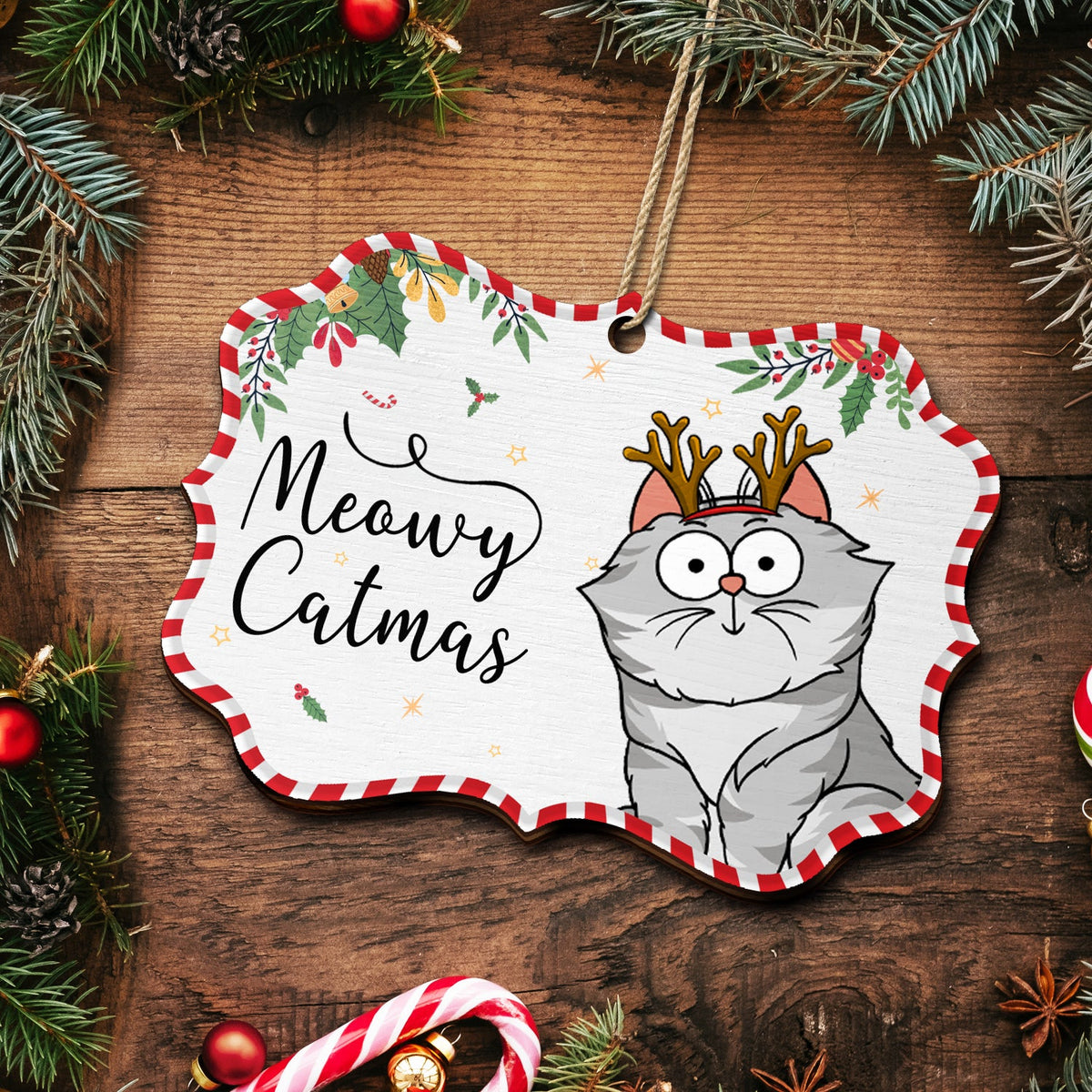 Funny Cartoon Cats Meowy Catmas - Christmas Gift For Cat Lovers - Personalized Medallion Wooden Ornament