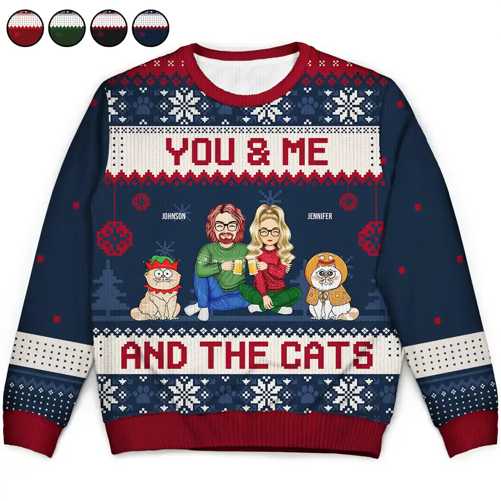Couple You & Me And The Cats Cartoon Style - Anniversary, Christmas Gift For Cat Lovers, Couples - Personalized Unisex Ugly Sweater