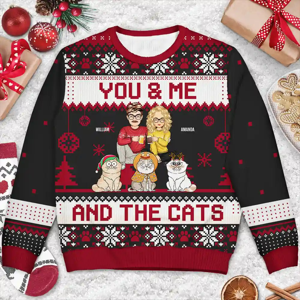 Couple You & Me And The Cats Cartoon Style - Anniversary, Christmas Gift For Cat Lovers, Couples - Personalized Unisex Ugly Sweater