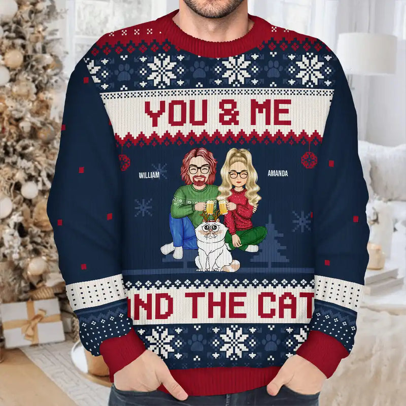 Couple You & Me And The Cats Cartoon Style - Anniversary, Christmas Gift For Cat Lovers, Couples - Personalized Unisex Ugly Sweater