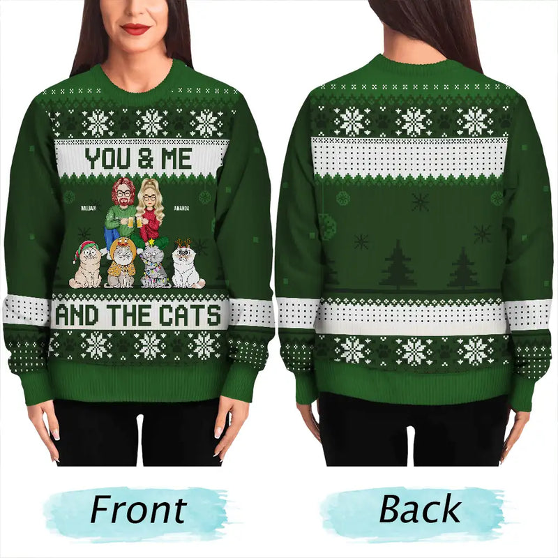 Couple You & Me And The Cats Cartoon Style - Anniversary, Christmas Gift For Cat Lovers, Couples - Personalized Unisex Ugly Sweater
