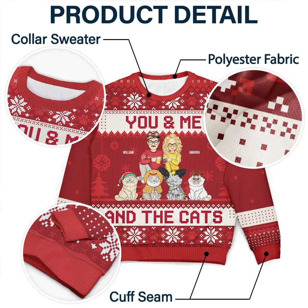 Couple You & Me And The Cats Cartoon Style - Anniversary, Christmas Gift For Cat Lovers, Couples - Personalized Unisex Ugly Sweater