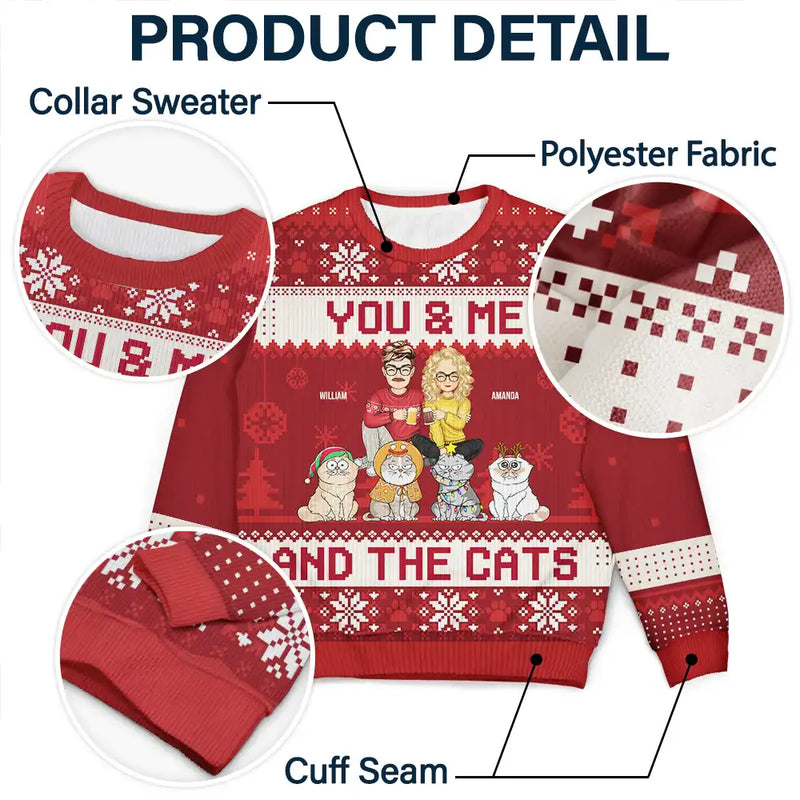 Couple You & Me And The Cats Cartoon Style - Anniversary, Christmas Gift For Cat Lovers, Couples - Personalized Unisex Ugly Sweater
