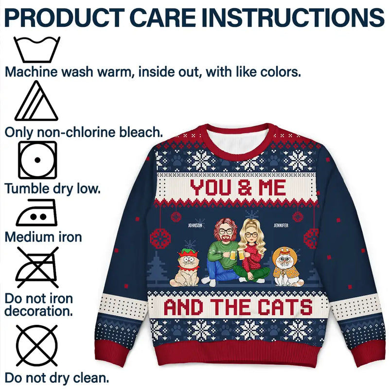 Couple You & Me And The Cats Cartoon Style - Anniversary, Christmas Gift For Cat Lovers, Couples - Personalized Unisex Ugly Sweater