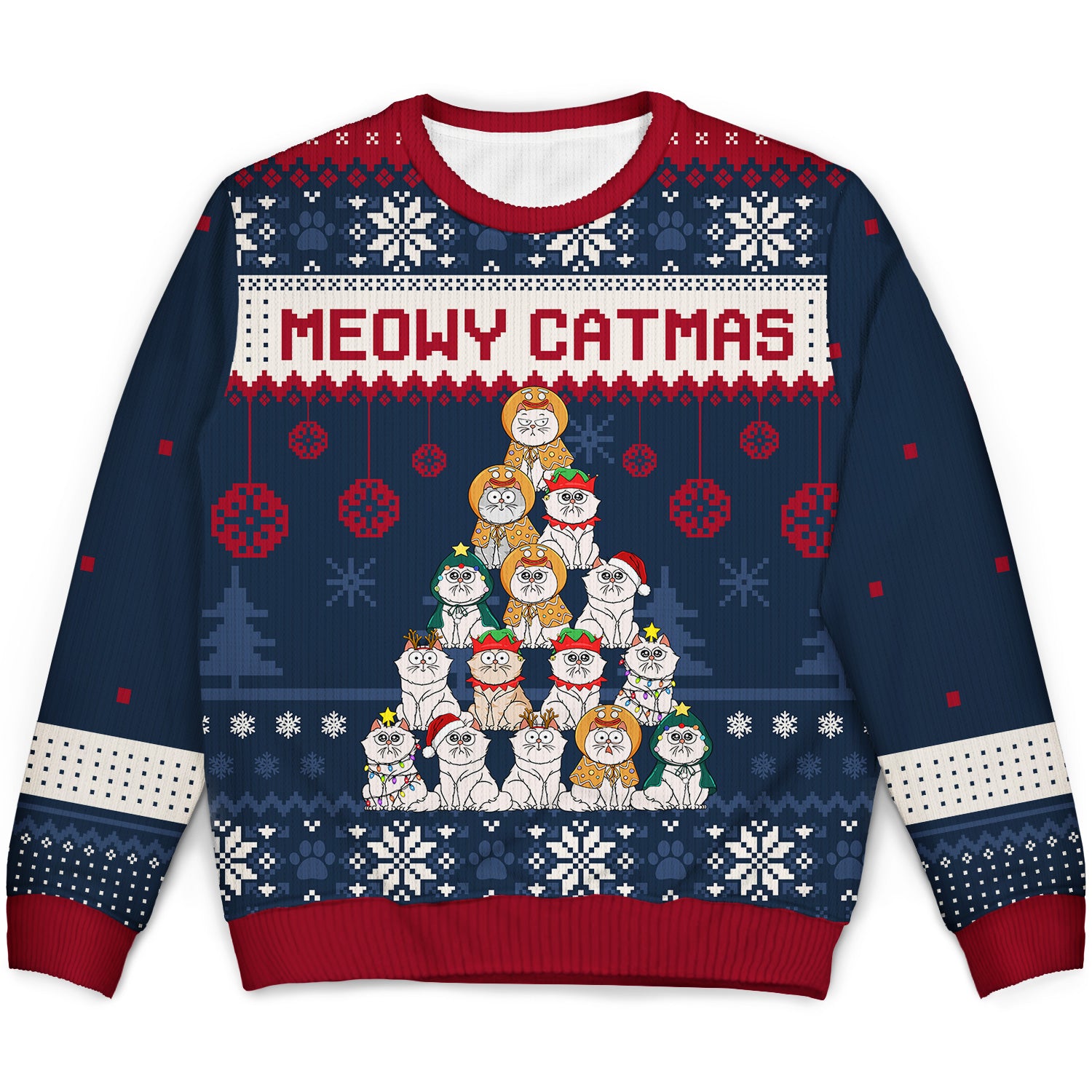 Meowy Catmas Christmas Tree Cartoon Style - Gift For Cat Lovers - Personalized Unisex Ugly Sweater
