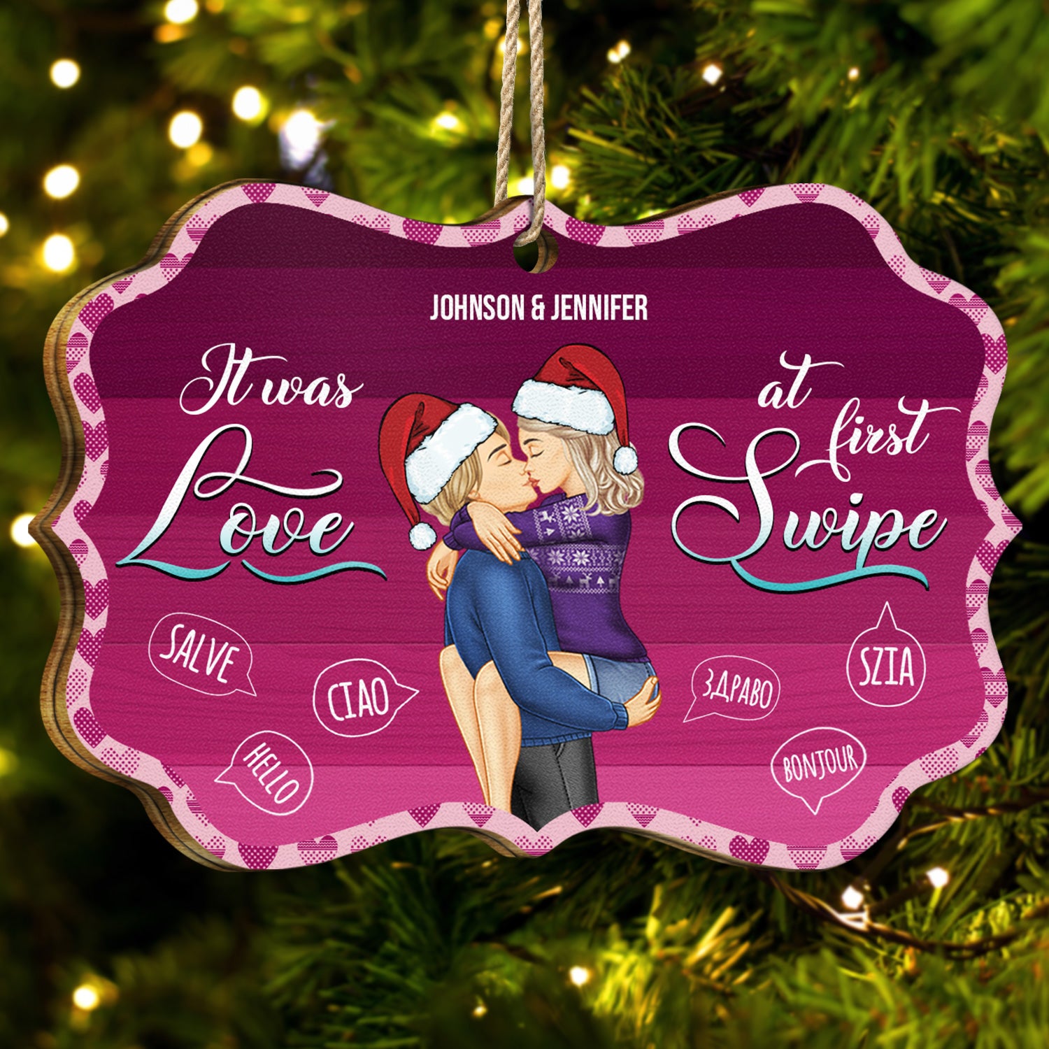 Love At First Swipe - Christmas Gift For Internet Couples - Personalized Medallion Wooden Ornament
